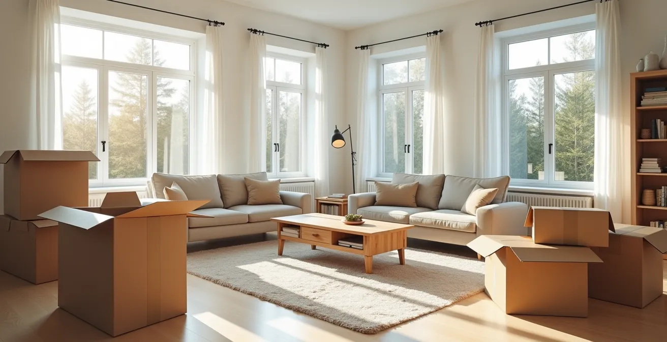 Salon moderne canadien avec cartons en cours de déballage baigné de lumière naturelle