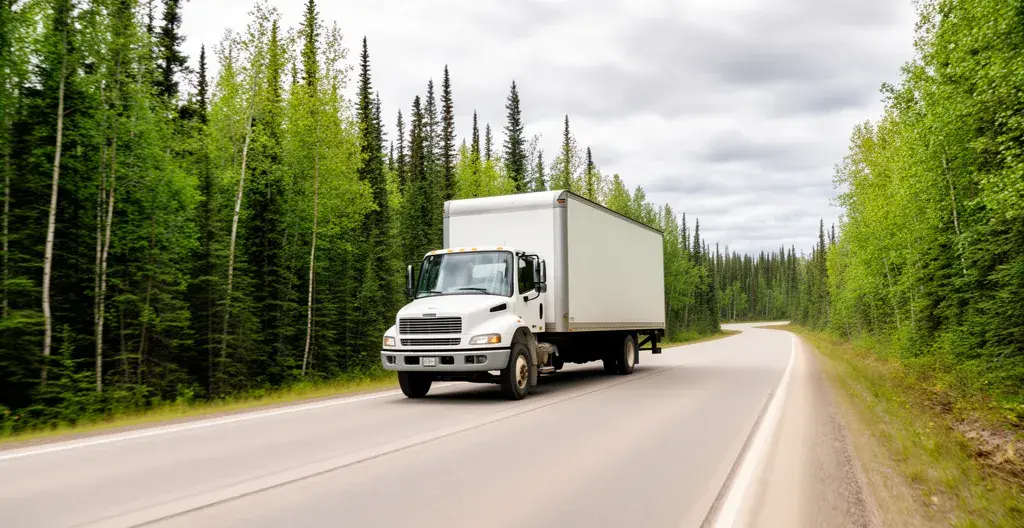 Camion de déménagement sur route rurale canadienne avec paysage forestier