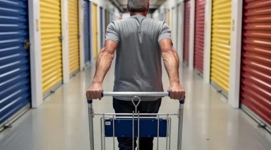 Couloir de centre self-stockage Strasbourg avec portes colorées et chariot de manutention