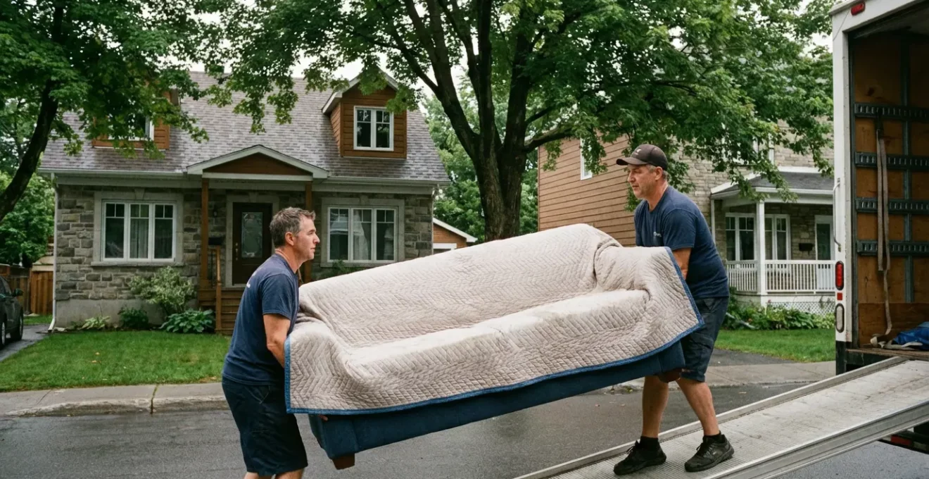 Déménageurs professionnels transportant un canapé protégé vers un camion devant une maison résidentielle