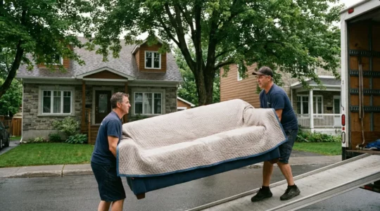 Déménageurs professionnels transportant un canapé protégé vers un camion devant une maison résidentielle