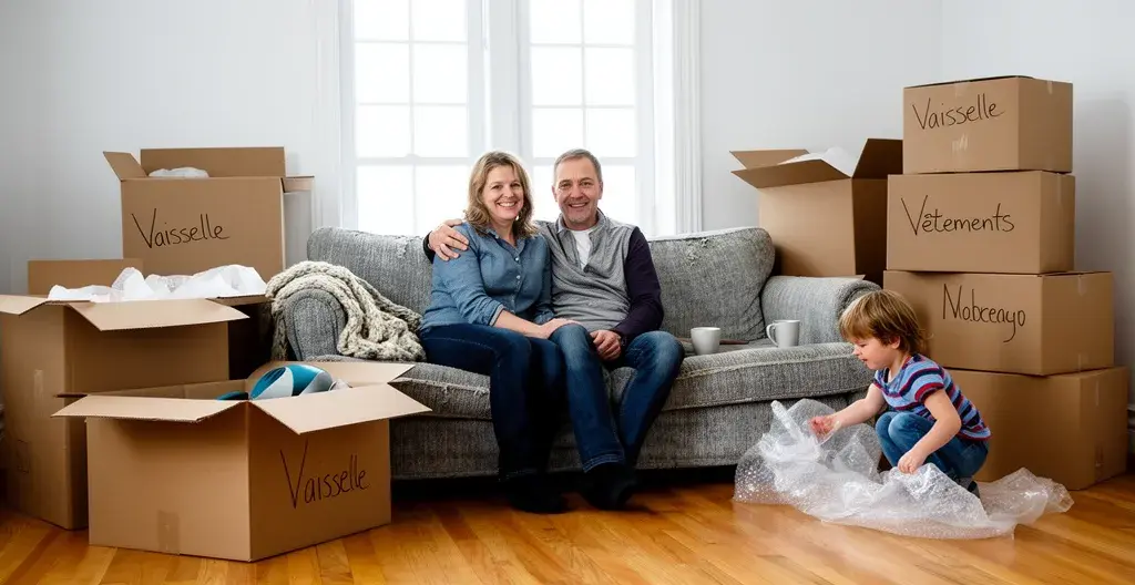 Famille détendue dans nouveau salon entourée de cartons de déménagement ouverts