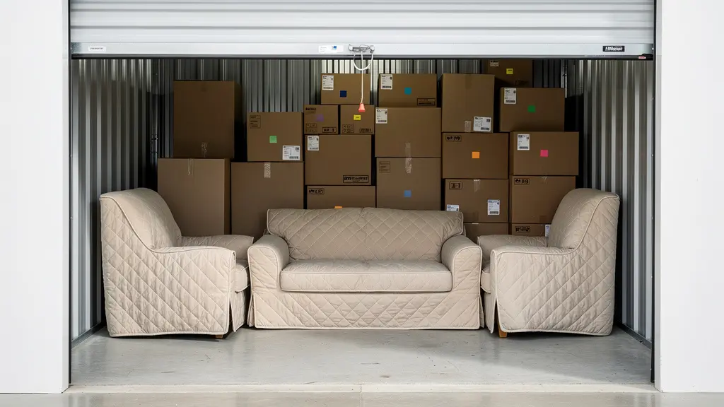 Box de stockage ouvert avec cartons empilés et meubles protégés pour déménagement