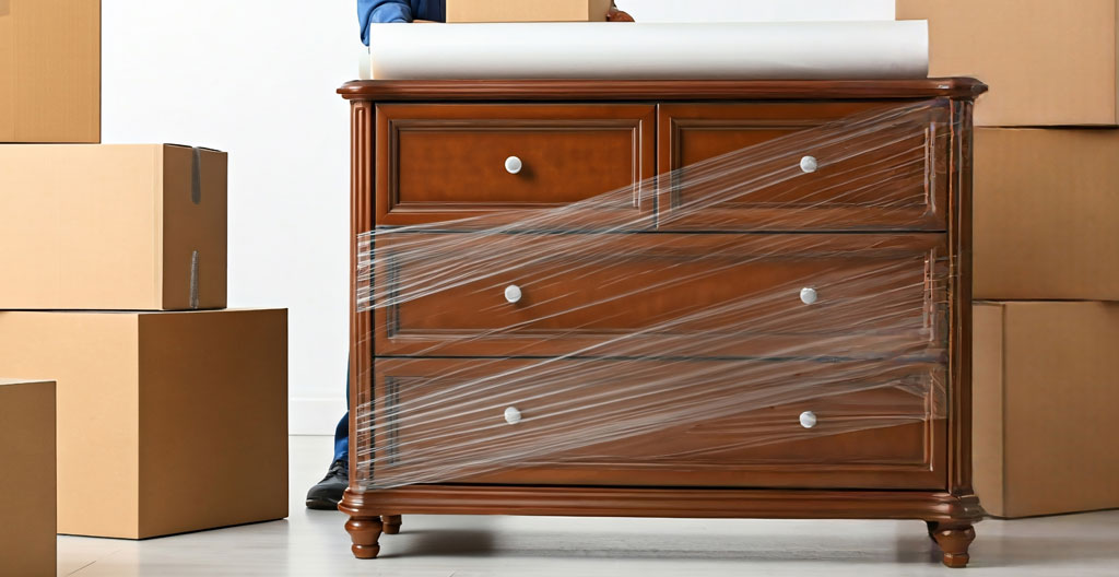 Déménageur professionnel emballant soigneusement une commode ancienne avec des couvertures de protection