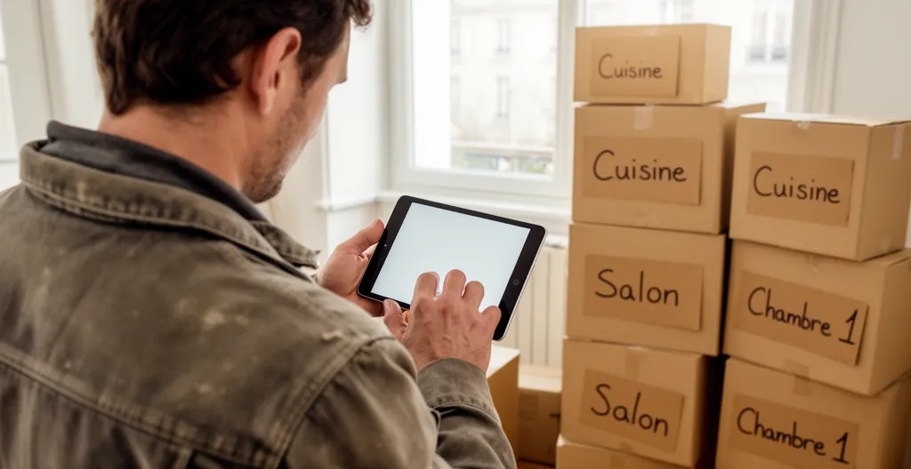 Déménageur certifié NF vérifiant un inventaire sur tablette devant des cartons de déménagement