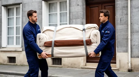 Déménageurs professionnels certifiés NF transportant un meuble protégé vers un camion à Montauban