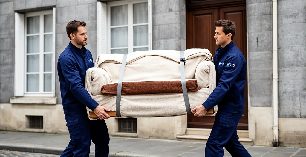 Déménageurs professionnels certifiés NF transportant un meuble protégé vers un camion à Montauban