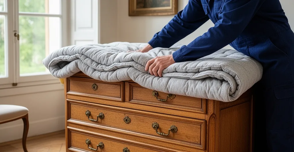 Déménageur professionnel emballant soigneusement une commode ancienne avec des couvertures de protection