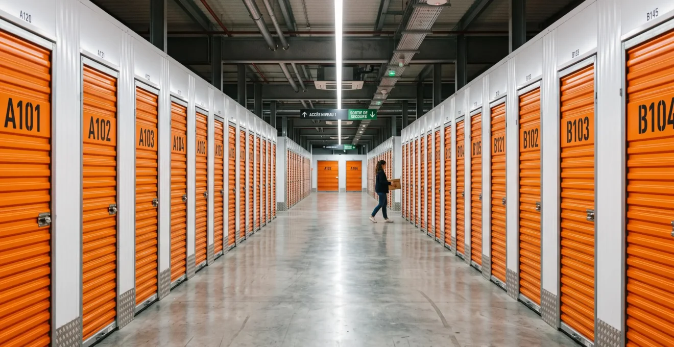 Couloir intérieur d'un centre de self-stockage moderne avec des boxes de rangement individuels alignés