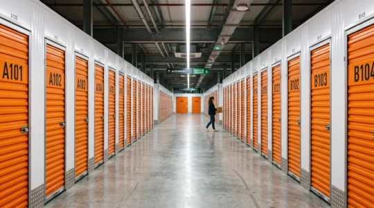 Couloir intérieur d'un centre de self-stockage moderne avec des boxes de rangement individuels alignés