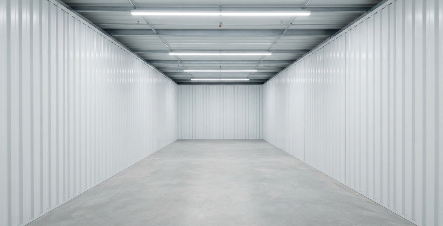 Intérieur d'un box de stockage vide montrant les murs propres et l'éclairage LED au plafond