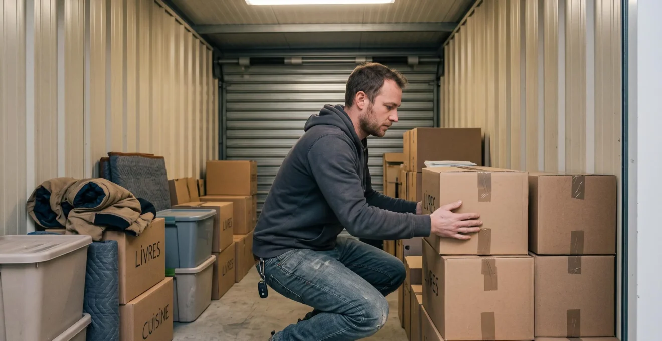 Personne organisant des cartons de déménagement à l'intérieur d'un box de stockage